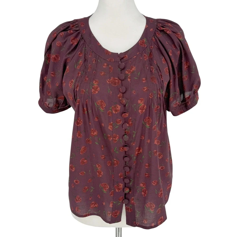 Reformation Calia Burgundy Rose Floral Top Size Small Pintuck Puff Sleeve Button